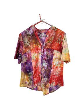 Womens Handmade Tie Dye Top Butterfly Print Button Up Shirt Short Sleeve Medium